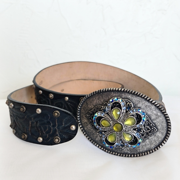 Leather Embossed Rose Jewel Western Teal Studded Belt - Picture 10 of 10